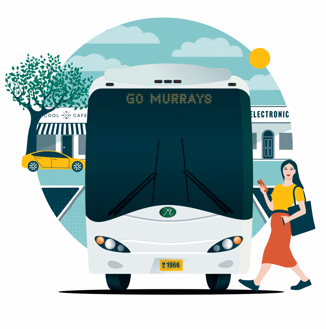 Illustration of a new Murrays Coach with a girl boarding in 2025. New stores and modern cars in the background.